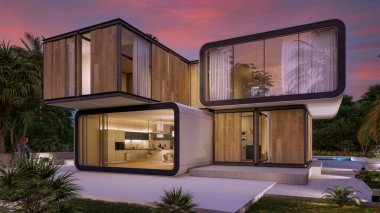 Günbatımında modern bir evin 3D görüntüsü 