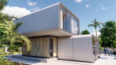 Havuzu ve bahçesi olan modern bir evin 3 boyutlu görüntüsü.