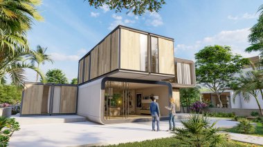 Havuzu ve bahçesi olan modern bir evin 3 boyutlu görüntüsü.