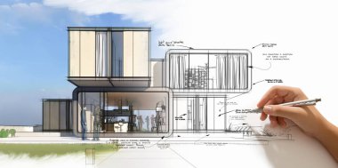 Mimari yaratıcı sürecin el yazmasından sona eren projeye kadar üç boyutlu canlandırması