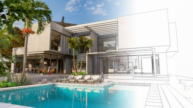 Üç boyutlu bir ev, lüks bir evin mimari taslağı.