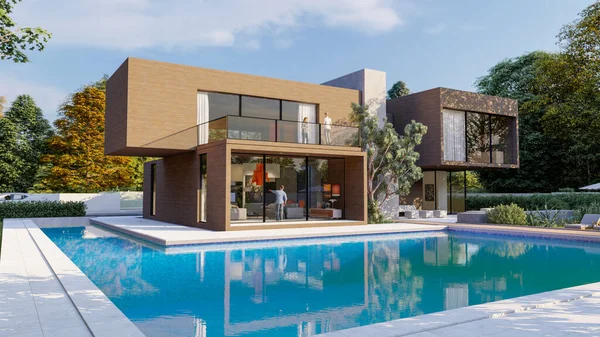 Etkileyici bir bahçesi ve havuzu olan, koyu ağaçlı, büyük, çağdaş bir villanın 3 boyutlu görüntüsü.