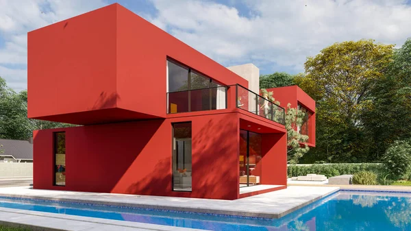 Representación Una Gran Villa Roja Contemporánea Con Impresionante Jardín Piscina — Foto de Stock