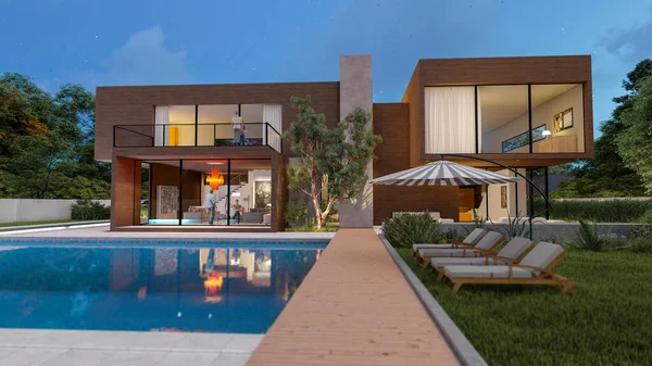 Rendering Big Contemporary Villa Dark Wood Impressive Garden Pool Evening — 스톡 사진