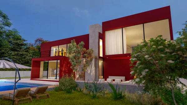Rendering Big Contemporary Red Villa Impressive Garden Pool Evening — Fotografia de Stock