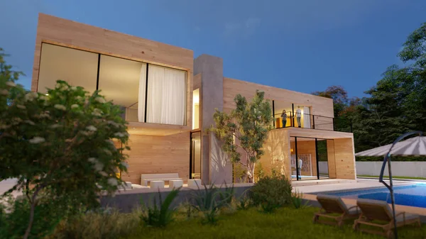 Rendering Big Contemporary Villa Light Wood Impressive Garden Pool Evening — Zdjęcie stockowe