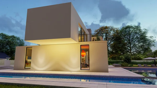 夕方には印象的な庭園とプール付きの大きな現代的な白いヴィラの3Dレンダリング — ストック写真