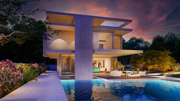 Alacakaranlıkta bahçeli ve havuzlu, 3 boyutlu, çağdaş bir villa.