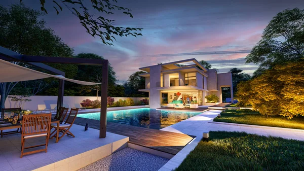 Renderização Uma Impressionante Villa Contemporânea Com Jardim Piscina Entardecer — Fotografia de Stock