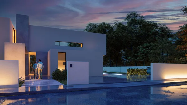 黄昏时一个光滑的现代房屋的3D渲染 — 图库照片