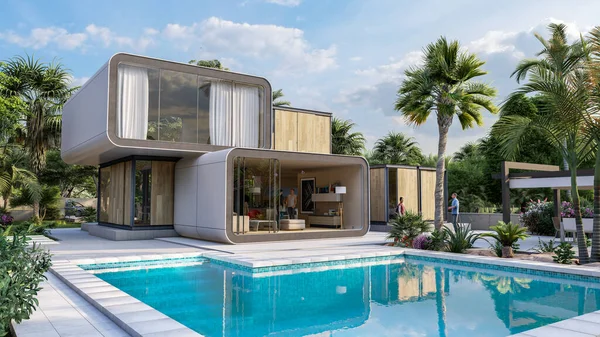 プールと庭付きのスタイリッシュなモダンな家の3Dレンダリング — ストック写真