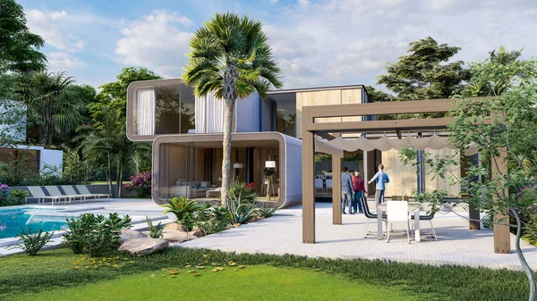 Rendering Eines Stilvollen Modernen Hauses Mit Pool Und Garten — Stockfoto