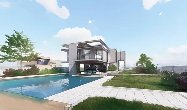 房屋的3D渲染 豪华房屋的建筑草图 — 图库照片