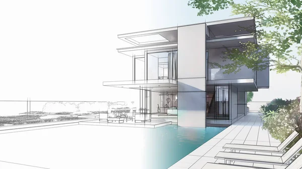 Rendering House Architecture Draft Luxury House — Fotografia de Stock