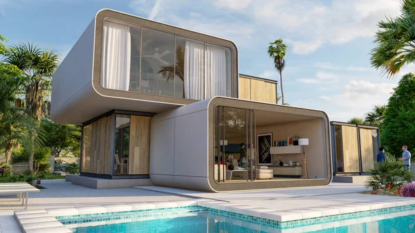 Havuzu ve bahçesi olan modern bir evin 3 boyutlu görüntüsü.