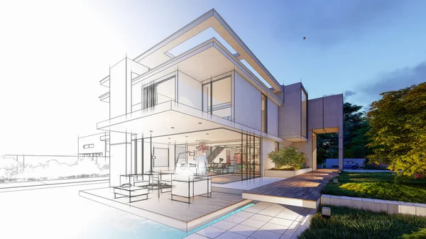 Rendering Una Villa Moderna Lusso Con Piscina Giardino — Foto Stock