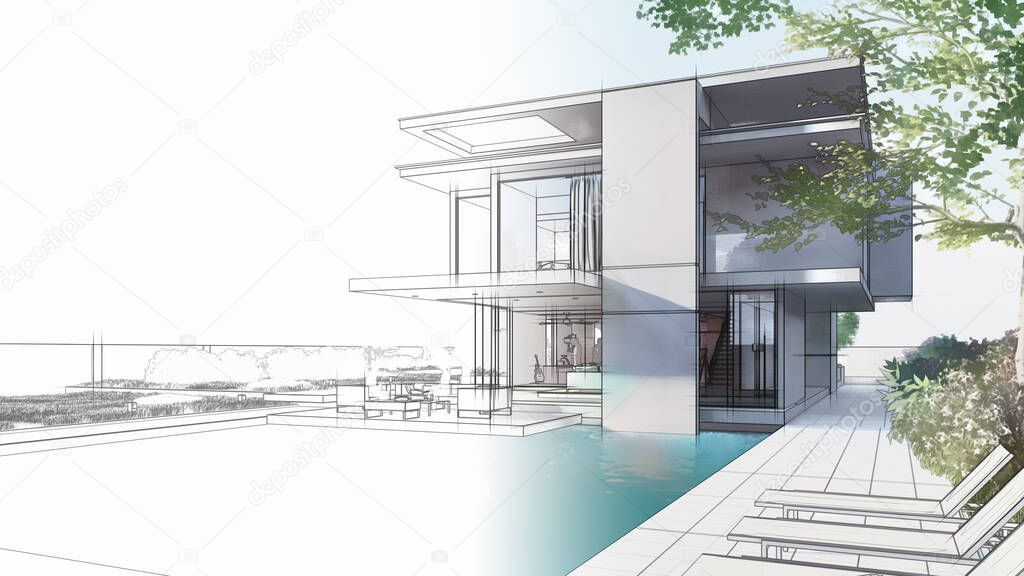 3D rendering of a house, architecture draft of a luxury house