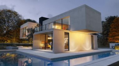 Etkileyici bahçesi ve havuzu olan büyük çağdaş bir villanın 3 boyutlu animasyonu