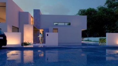 Alacakaranlıkta modern bir evin 3 boyutlu animasyonu