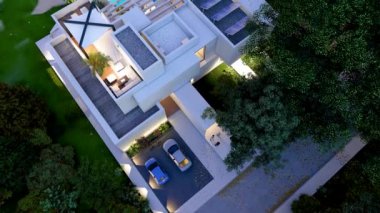 Akşamları sürdürülebilir modern bir malikanenin 3 boyutlu animasyonu, hava manzarası