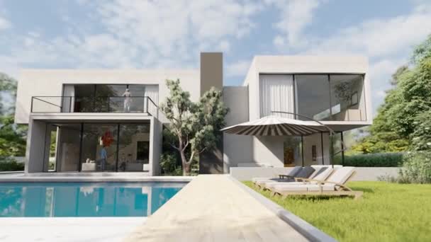 Animation Einer Großen Zeitgenössischen Villa Mit Eindrucksvollem Garten Und Pool — Stockvideo