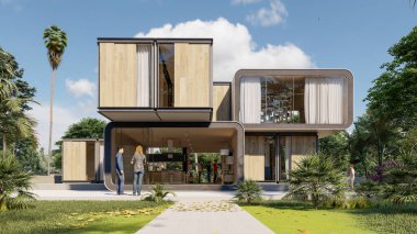 Havuzu ve bahçesi olan modern bir evin 3 boyutlu görüntüsü.