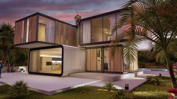 日落时时尚现代房屋的3D渲染 — 图库照片
