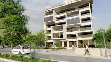 Güzel bir bölgedeki modern bir apartmanın 3 boyutlu animasyonu. 