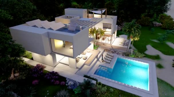 Animation Sustainable Modern Mansion Evening Aerial View — Vídeo de Stock