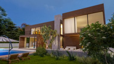 Akşamları karanlık ormanlık alanda, etkileyici bahçeli ve havuzlu büyük ve çağdaş bir villanın 3 boyutlu görüntüsü.