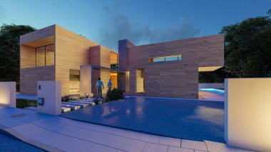 Akşamları bahçeli ve havuzlu, açık ahşap bir konağın 3 boyutlu görüntüsü.