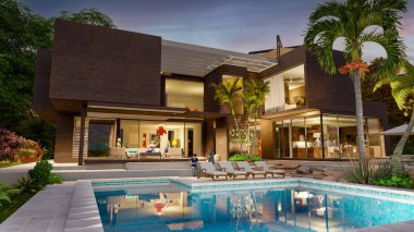 Akşamları karanlık ormanlık alanda, etkileyici bahçeli ve havuzlu büyük ve çağdaş bir villanın 3 boyutlu görüntüsü.