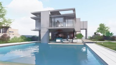 Üç boyutlu bir ev, lüks bir evin mimari taslağı.