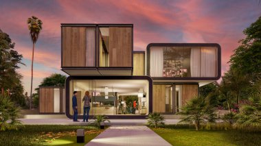 Günbatımında modern bir evin 3D görüntüsü 