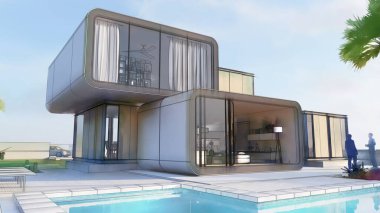 Üç boyutlu bir ev, lüks bir evin mimari taslağı.