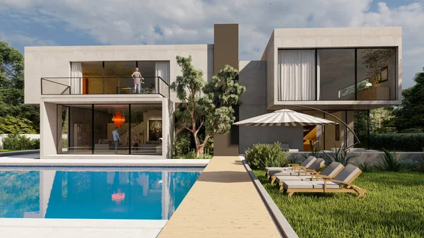 Återgivning Stor Modern Villa Med Imponerande Trädgård Och Pool — Stockfoto