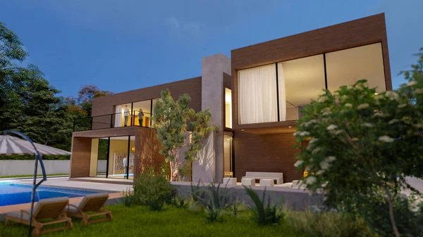Akşamları karanlık ormanlık alanda, etkileyici bahçeli ve havuzlu büyük ve çağdaş bir villanın 3 boyutlu görüntüsü.