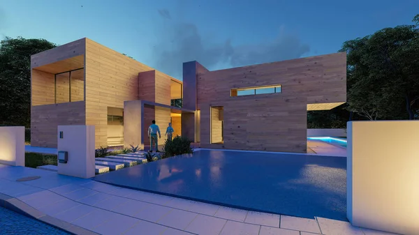 Akşamları bahçeli ve havuzlu, açık ahşap bir konağın 3 boyutlu görüntüsü.
