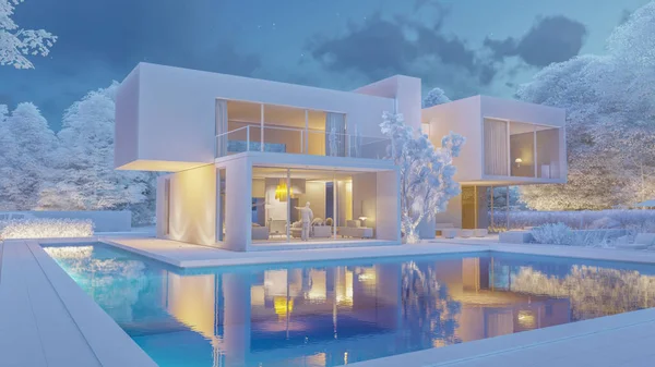 3D rendering of a big contemporary villa with impressive garden and pool  with a frozen effect
