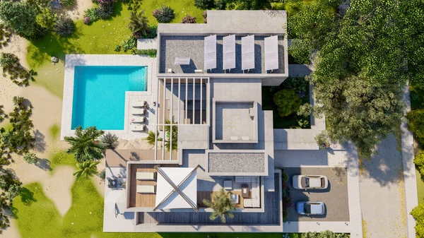 Rendering Impressive Modern Villa Solar Panels Aerial View — Fotografia de Stock