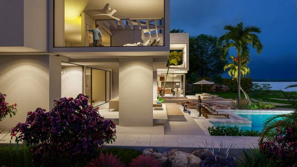 Rendering Impressive Seaside Contemporary Villa Garden Pool Dusk — Stok fotoğraf