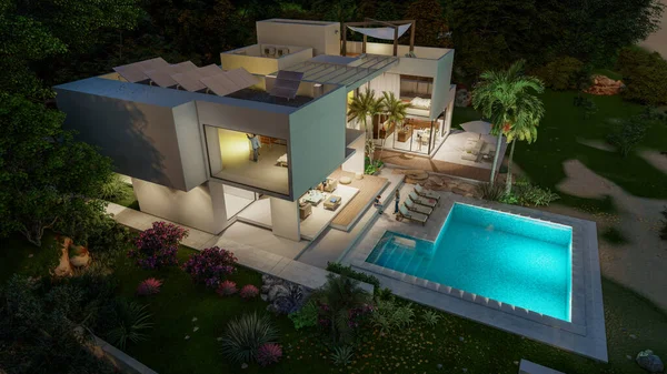 Rendering Impressive Contemporary Villa Solar Panels Garden Pool Dusk — Stockfoto