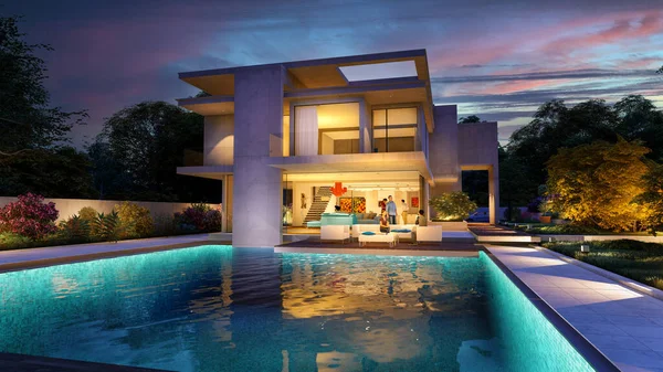 3D rendering of an impressive contemporary villa with garden and pool at dusk