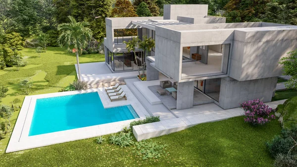 3D rendering of an impressive contemporary villa in exposed cement with garden and pool