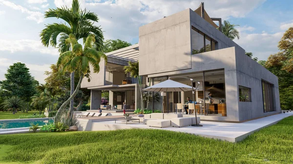 Återgivning Imponerande Modern Villa Exponerad Cement Med Trädgård Och Pool — Stockfoto