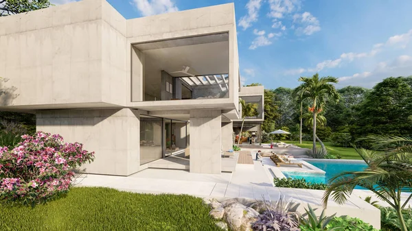 Rendering Impressive Contemporary Villa Exposed Cement Garden Pool — 스톡 사진