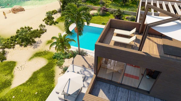 Rendering Big Contemporary Villa Wood Concrete Impressive Garden Pool Beach — Stock Photo, Image