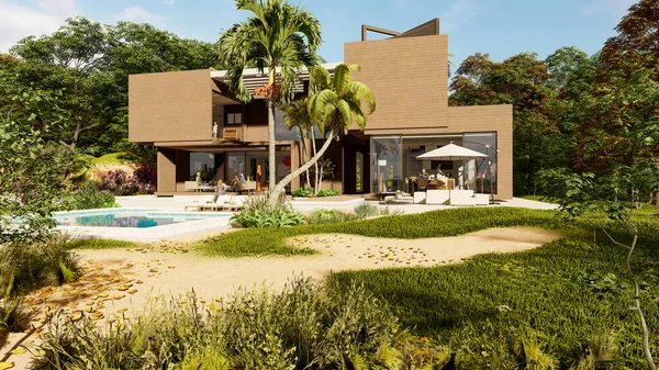 木製の大きな現代的なヴィラの3Dレンダリングと印象的な庭園とプールとコンクリート — ストック写真