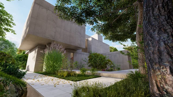 緑豊かな庭園と印象的な現代的なヴィラの3Dレンダリング — ストック写真