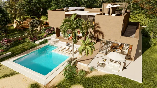 Üç boyutlu sürdürülebilir bir villanın ahşap ve betondan yapılmış etkileyici bir bahçe ve havuzu var. 
